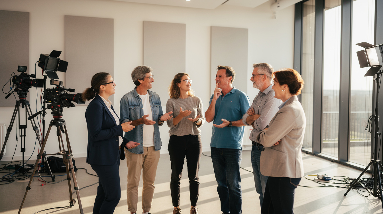 Groep deelnemers en docenten in gesprek in de studio van de academie